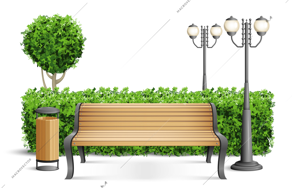 Realistic wooden park bench composition bench stands by the fence of the pieces in the park area vector illustration