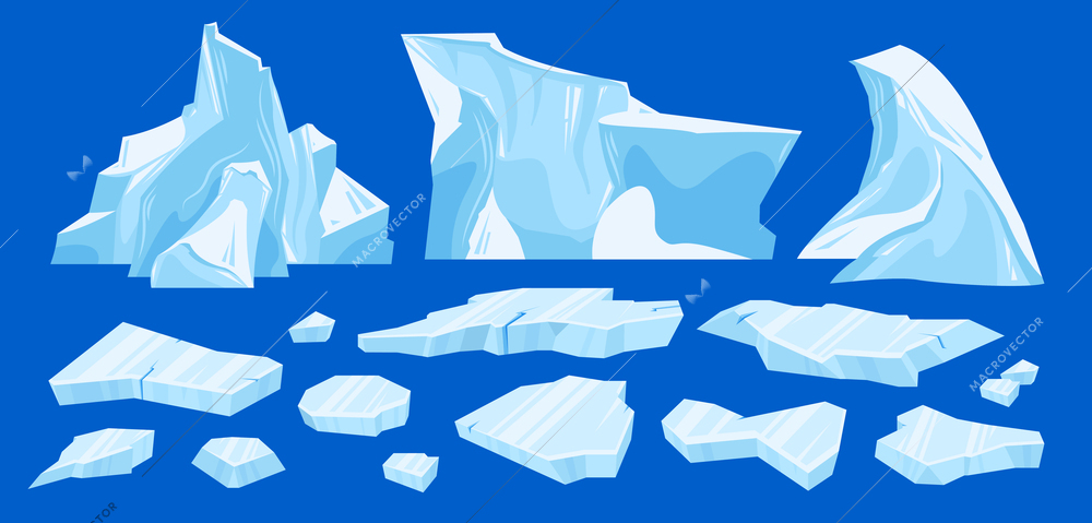 Frozen arctic cracked ice iceberg icon set three different sized icebergs and broken pieces of ice vector illustration