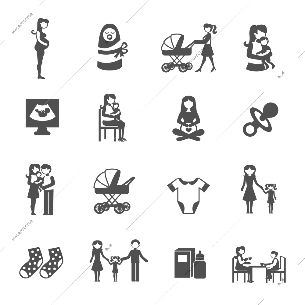 Motherhood mother and child black icons set isolated vector illustration