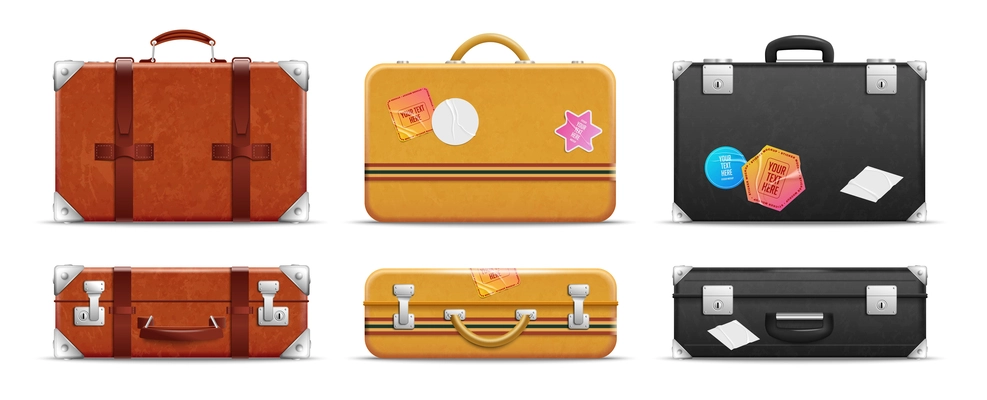 Realistic vintage travel bag icon set brown yellow and black suitcases in two view vector illustration