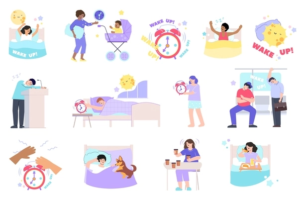 Wake up alarm flat set of isolated compositions with icons of smileys doodle people and text vector illustration