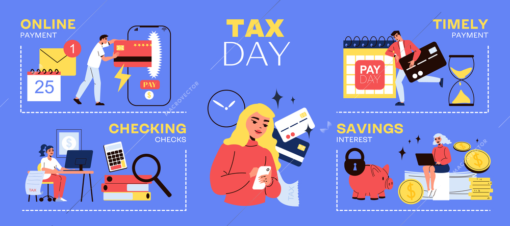 Tax day form infographics with financial icons and human characters checking receipts savings making payments online vector illustration