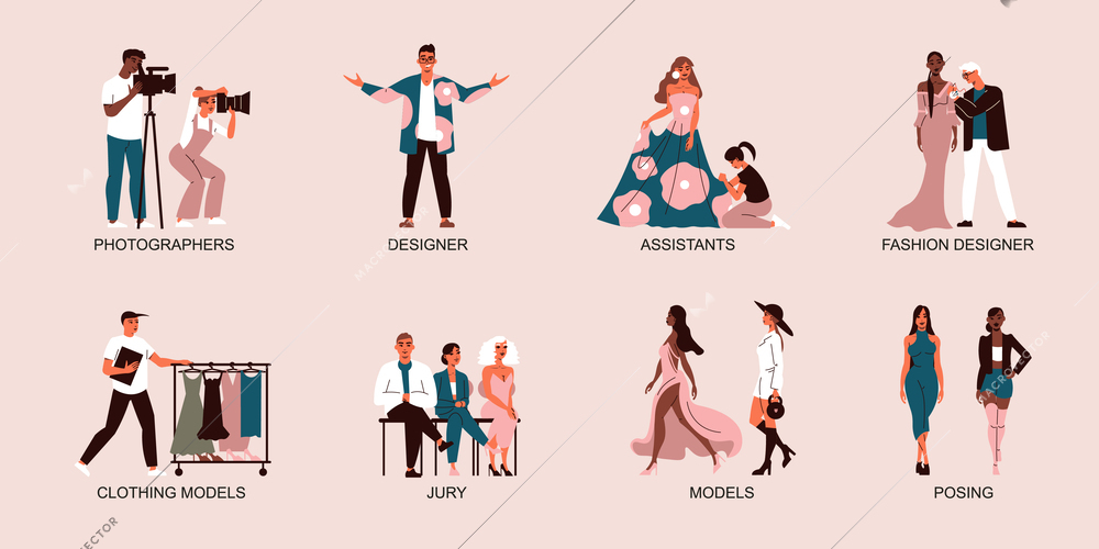 Fashion show set with isolated compositions text captions and characters of designer assistants models and jury vector illustration