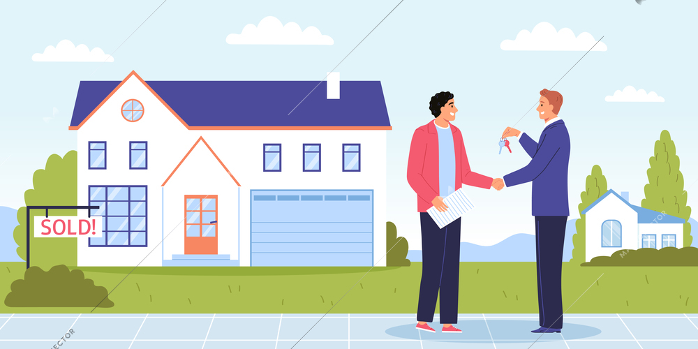 Real estate flat concept with man buying a house from broker vector illustration