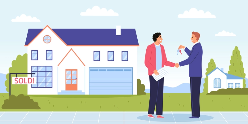 Real estate flat concept with man buying a house from broker vector illustration