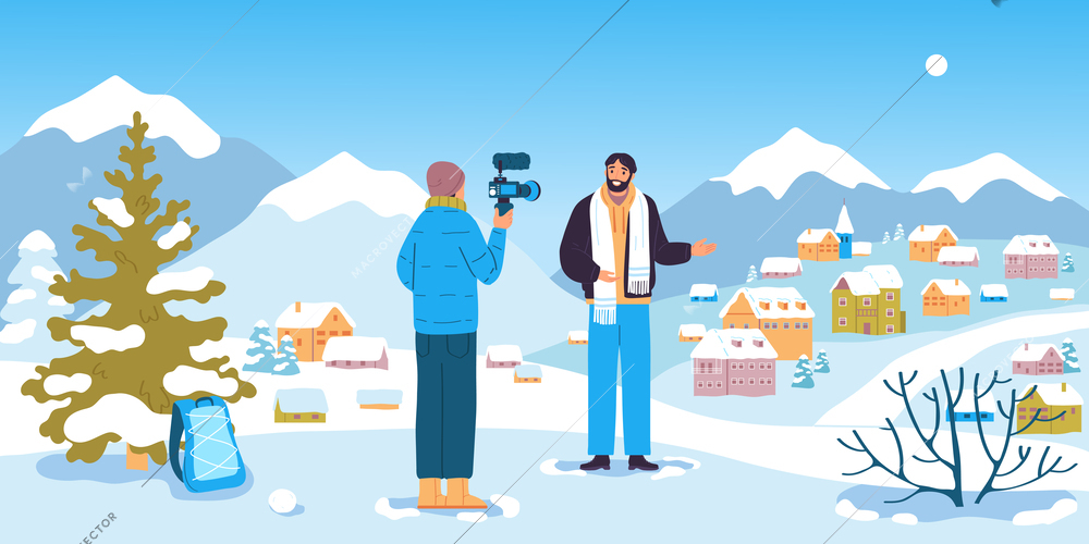 Travel blogger flat concept with camera man on winter background vector illustration