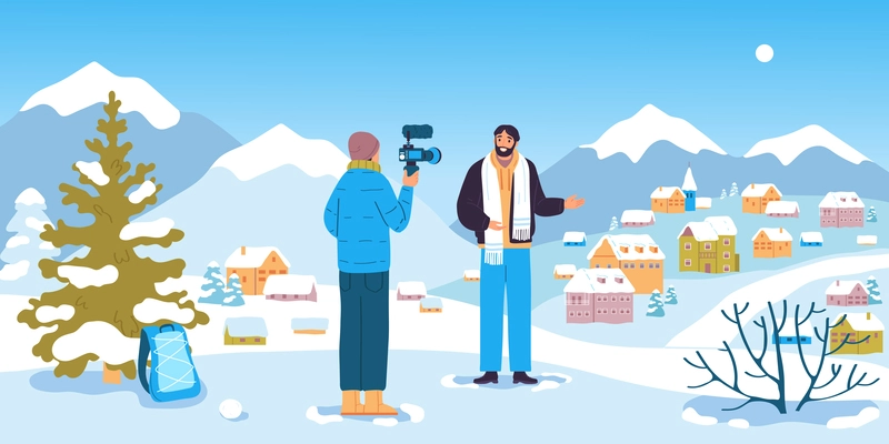 Travel blogger flat concept with camera man on winter background vector illustration