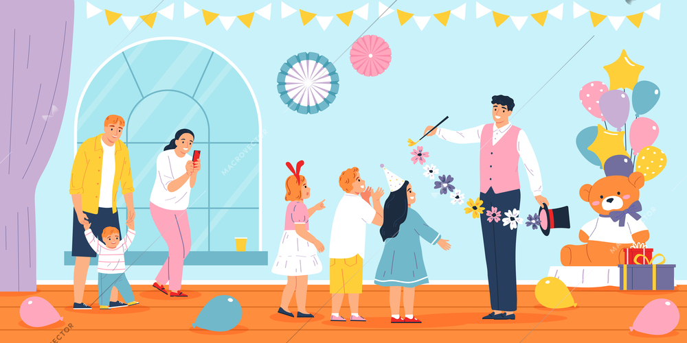 Children party flat concept with kids watching magic tricks vector illustration