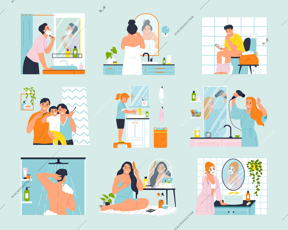 Daily hygiene routine icons set with people in bathroom isolated vector illustration