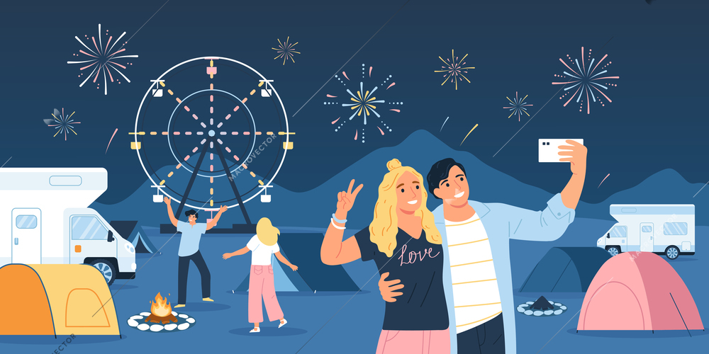 Music open air festival concept with happy people watching fireworks flat vector illustration