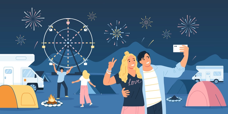 Music open air festival concept with happy people watching fireworks flat vector illustration