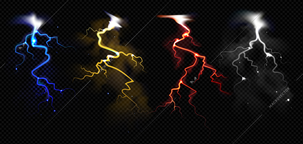 Thunderstorm realistic set with flash of colorful lightnings at dark transparent background isolated vector illustration