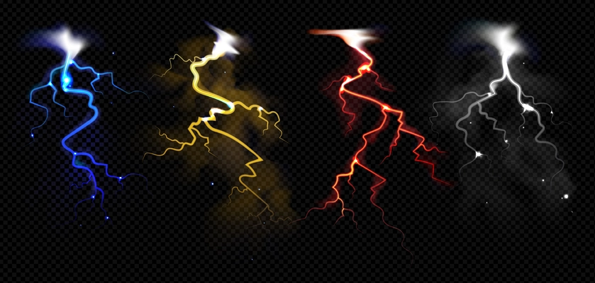 Thunderstorm realistic set with flash of colorful lightnings at dark transparent background isolated vector illustration