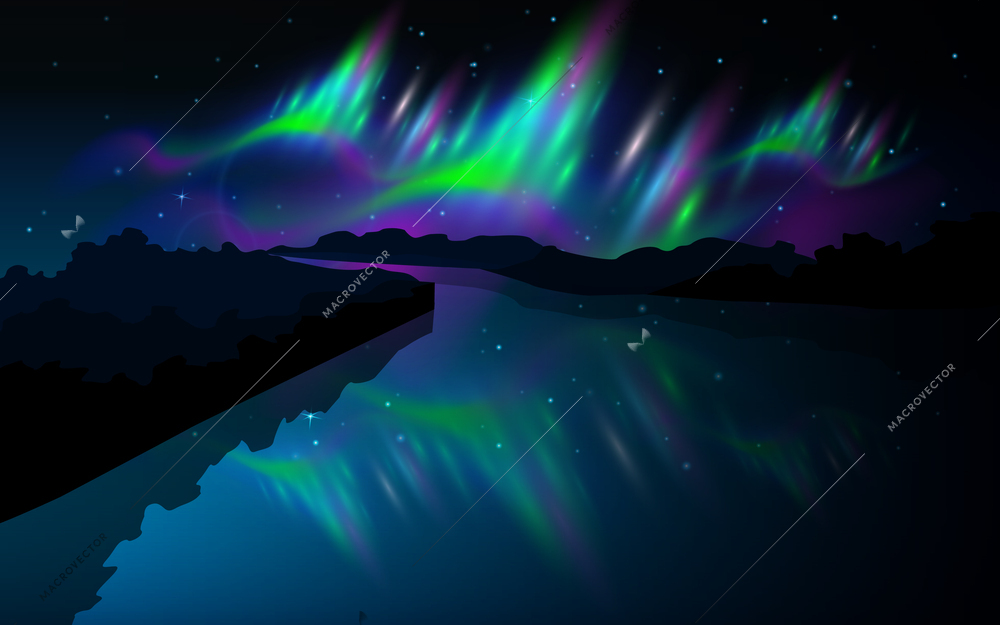 Realistic polar lights in arctic night starry sky colorful composition abstract vector illustration