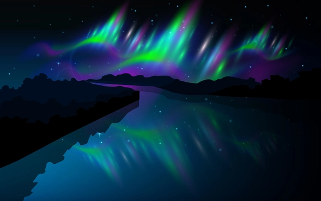 Realistic polar lights in arctic night starry sky colorful composition abstract vector illustration