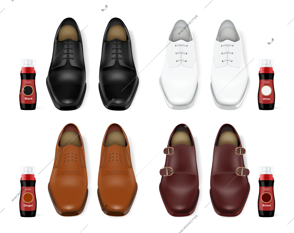 Four realistic pairs of male leather shoes of different colors with matching shoe polish isolated vector illustration