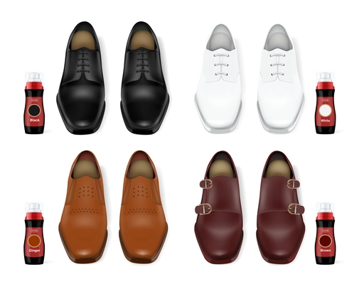 Four realistic pairs of male leather shoes of different colors with matching shoe polish isolated vector illustration