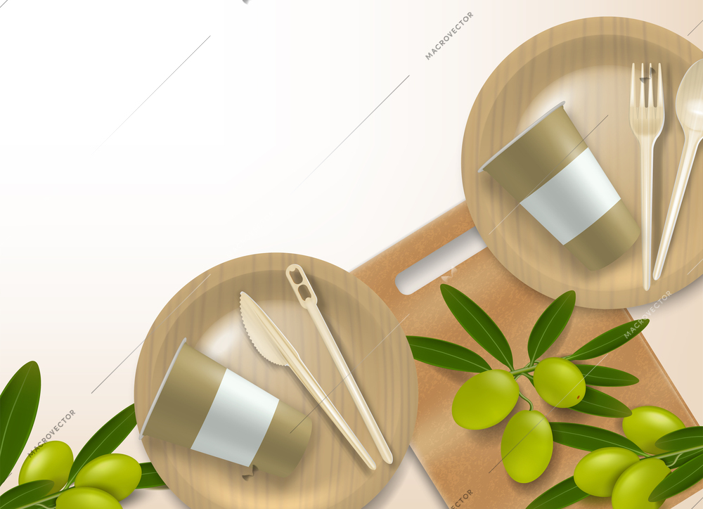 Realistic background with disposable tableware painted like wooden decorated by sprigs of olives vector illustration