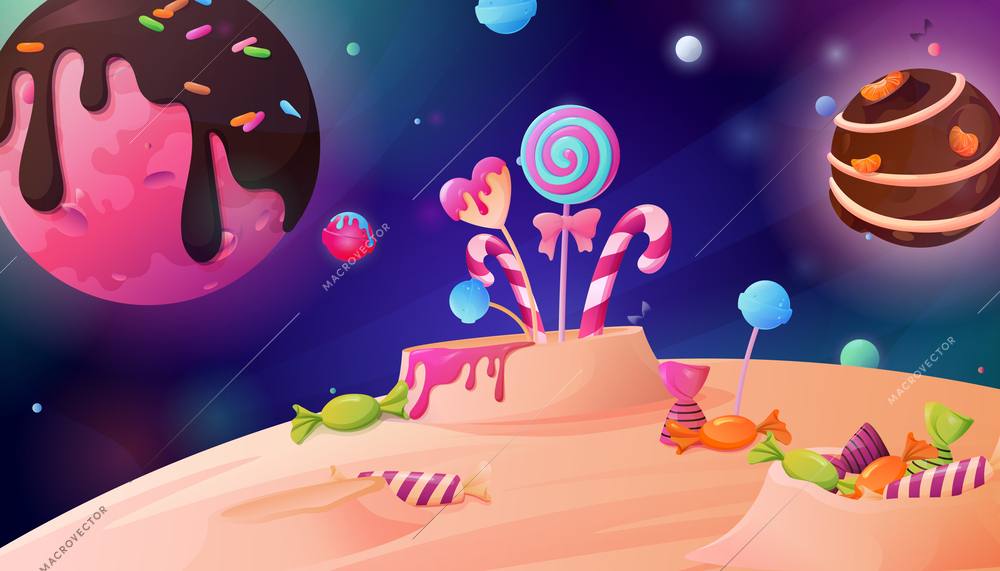 Candy moon solar system landscape background with chocolate planets and lollipops in lunar crater cartoon vector illustration