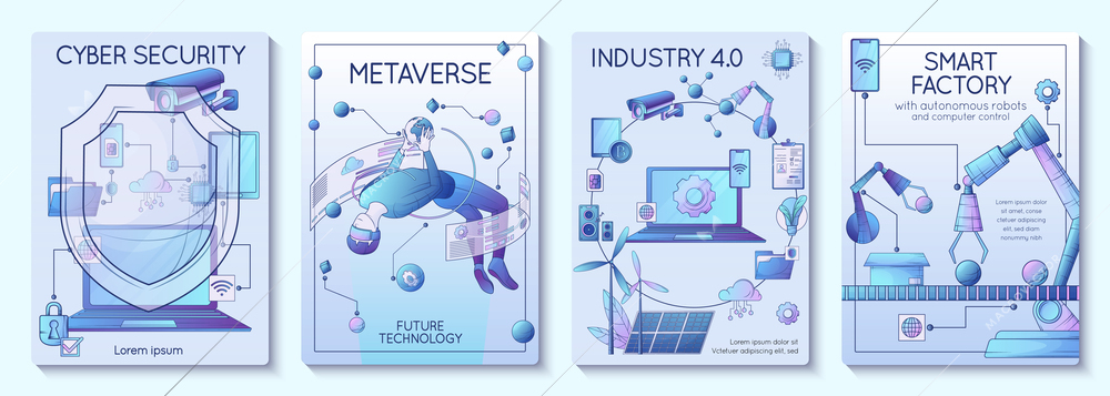 Smart industry 4.0 future technology flat vertical posters set with cyber security metaverse smart factory isolated vector illustration