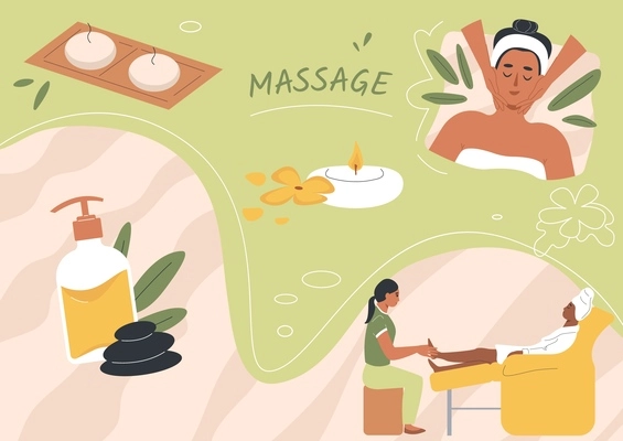 Types of massage flat composition with collage of candle icons oil flask and doodle human characters vector illustration