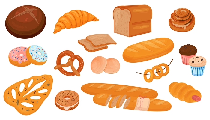 Bakery products flat set of isolated icons with bread loafs cookies cakes sweet donuts and croissants vector illustration