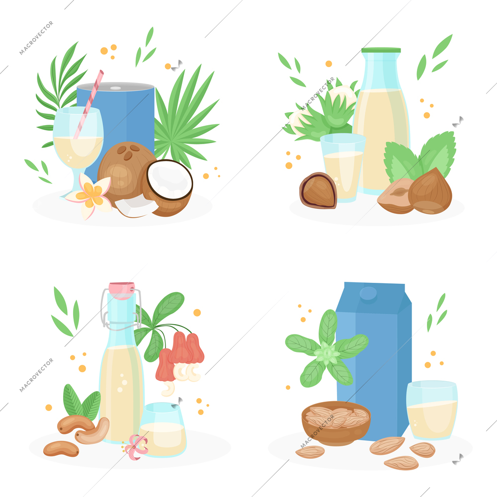 Vegan milk 2x2 set of four isolated compositions with flat images of grain milk bottles plants vector illustration