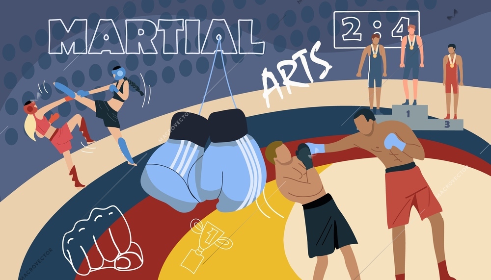 Martial arts collage with championship and duel symbols flat vector illustration