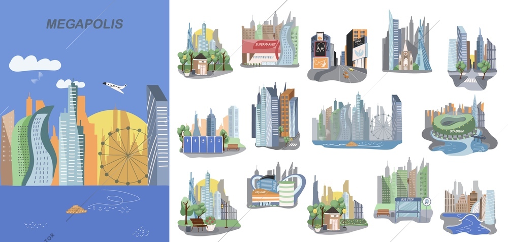 Megapolis city composition set with landmark and architecture symbols flat isolated vector illustration