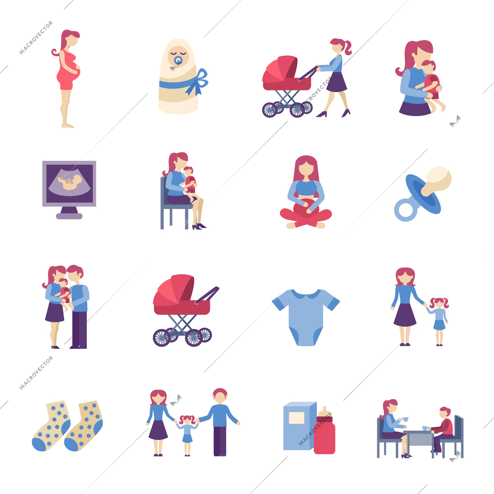 Motherhood pregnancy and maternity flat icons set isolated vector illustration