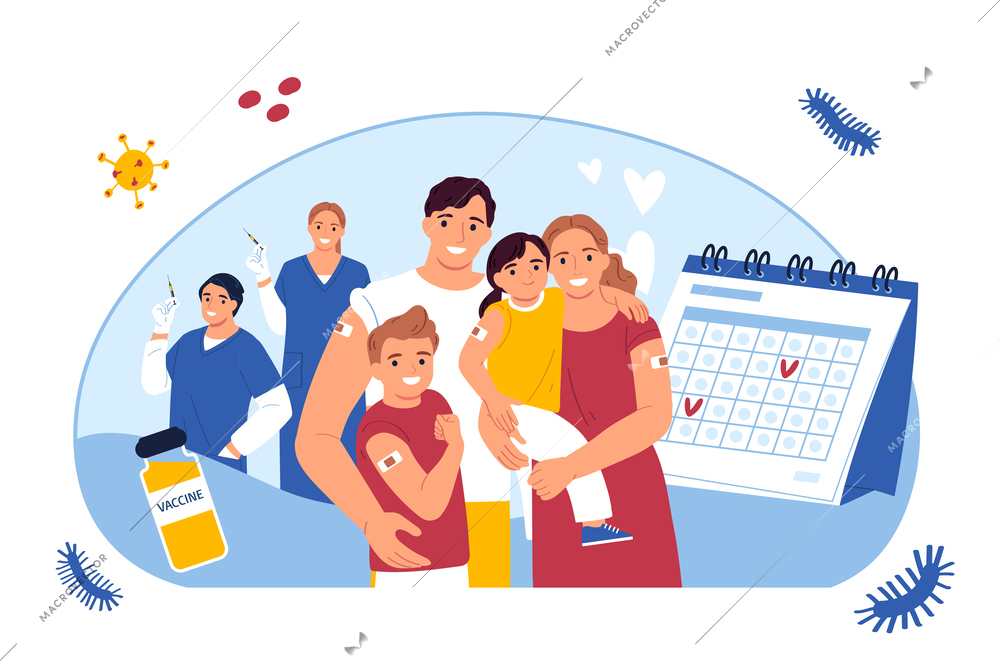 Vaccination flat concept with happy family with immunization calendar on background vector illustration