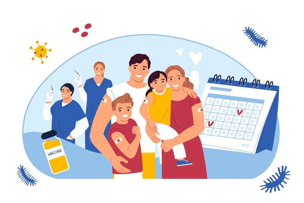 Vaccination flat concept with happy family with immunization calendar on background vector illustration