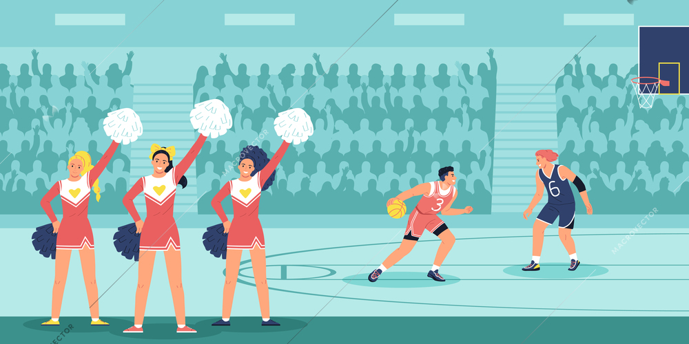 Student campus life flat concept with basketball game in university stadium vector illustration