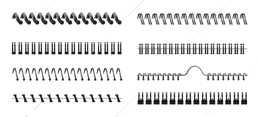 Stationary realistic set of metal binders for notepad  booklet notebook isolated vector illustration