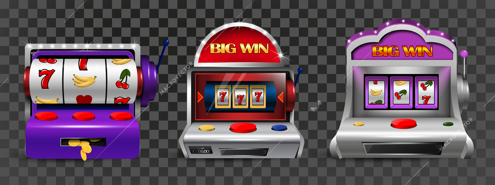 Realistic collection of colored drum slot game machines in retro style at transparent background isolated vector illustration