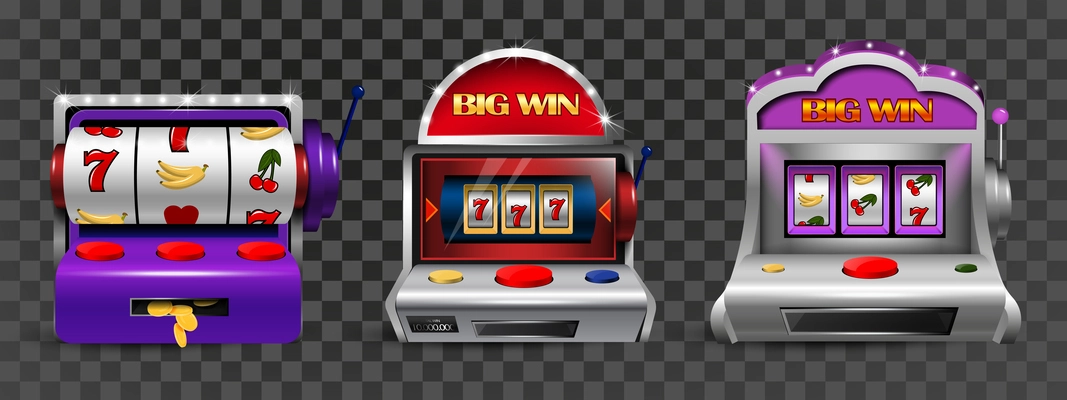 Realistic collection of colored drum slot game machines in retro style at transparent background isolated vector illustration