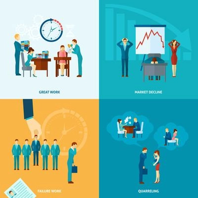 Stress at work design concept set with market decline frustration and depression flat icons isolated vector illustration