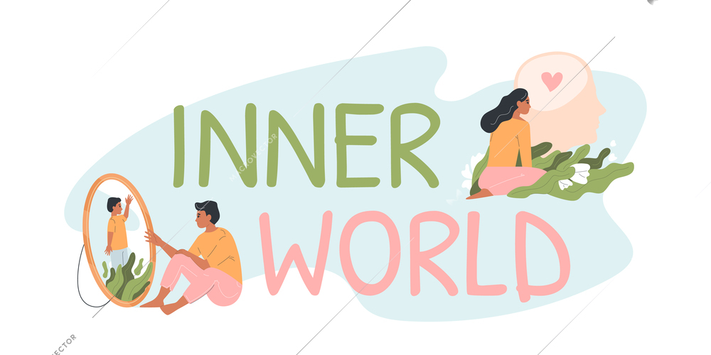 Human inner world composition of ornate text and images of people looking in mirror loving mind vector illustration