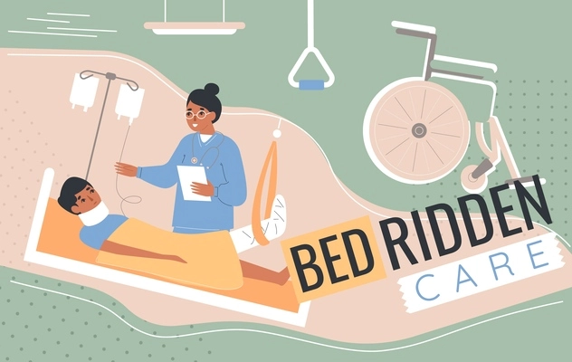 Bedridden care composition with collage of flat icons characters of doctor and lying patient with wheelchair vector illustration