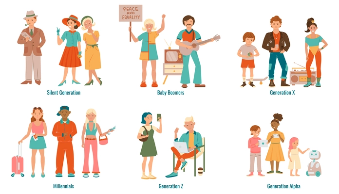 Generations of people flat set with doodle characters of typical human characters from various time periods vector illustration