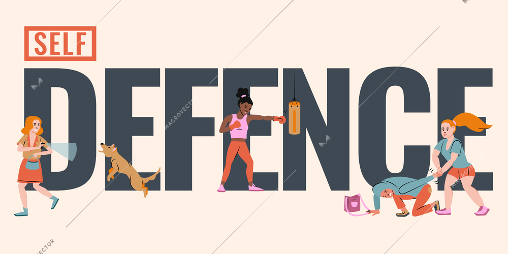 Self defence flat text composition with doodle characters of struggling people twisting arms and spraying pepper vector illustration