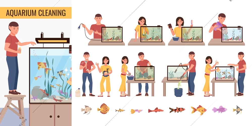 Aquarium clean care set with flat isolated compositions of male and female characters and exotic fishes vector illustration