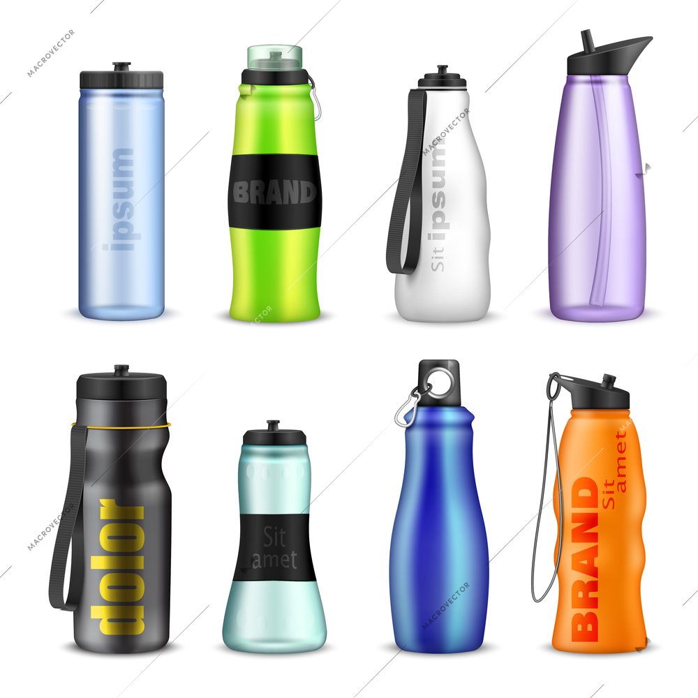 Sport water bottles for summer travel fitness biking and running realistic set isolated vector illustration