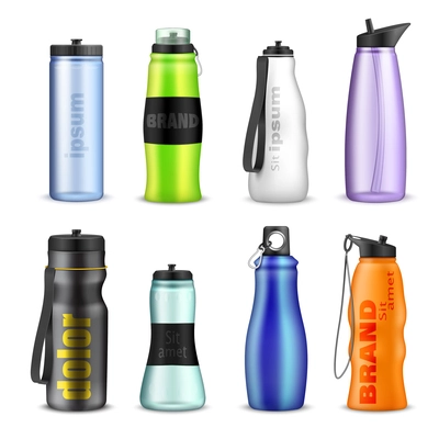 Sport water bottles for summer travel fitness biking and running realistic set isolated vector illustration