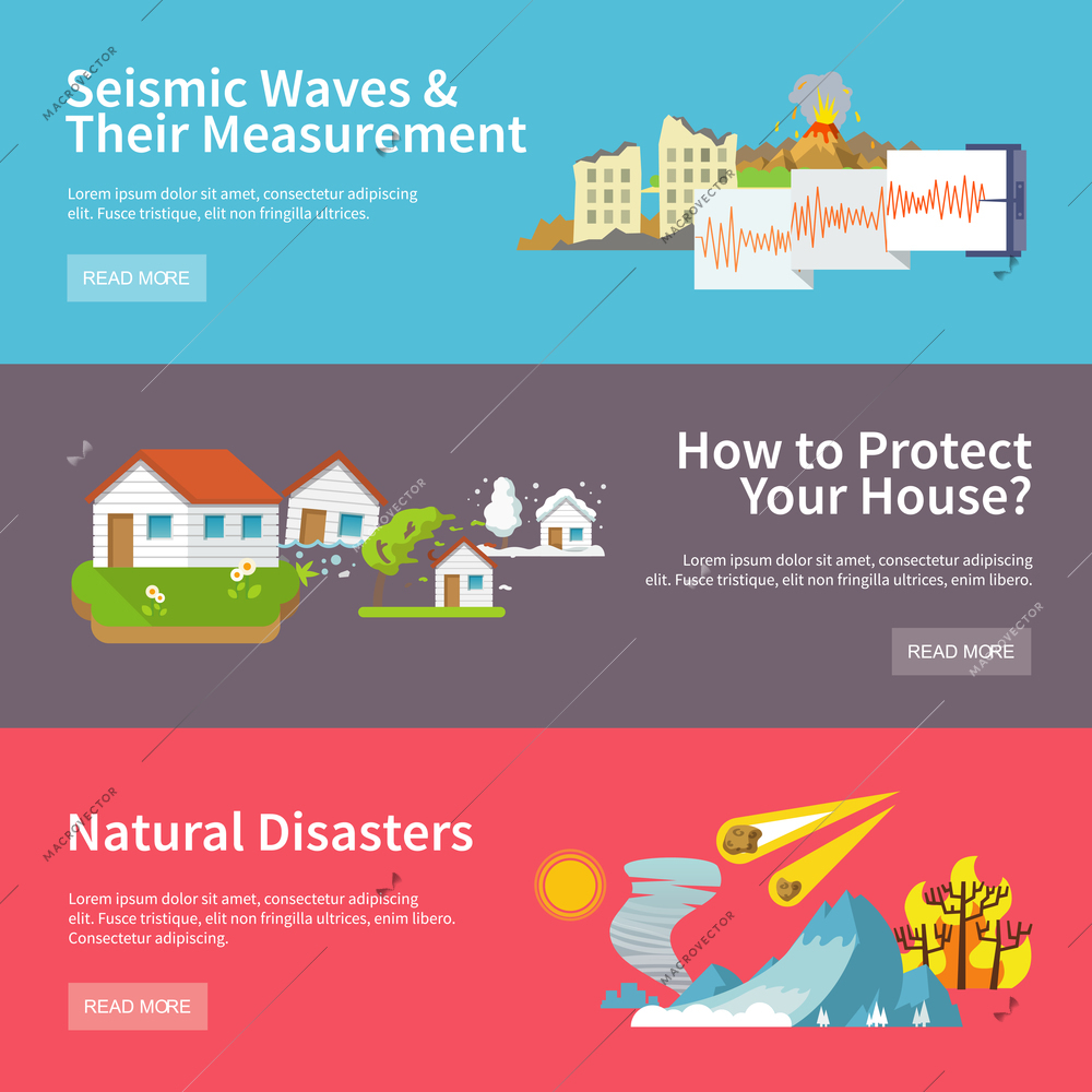 Natural disaster horizontal banners set with seismic waves measurement house protect elements isolated vector illustration