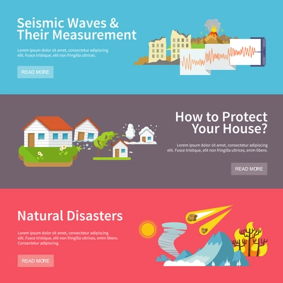 Natural disaster horizontal banners set with seismic waves measurement house protect elements isolated vector illustration