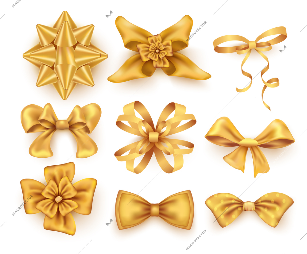 Collection of golden bows of various shapes isolated at white background realistic vector illustration