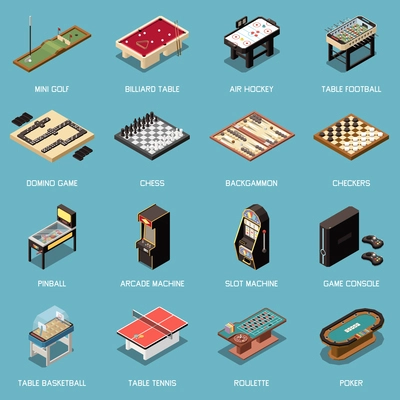 Indoor arcade machines and table games isometric icons set isolated vector illustration