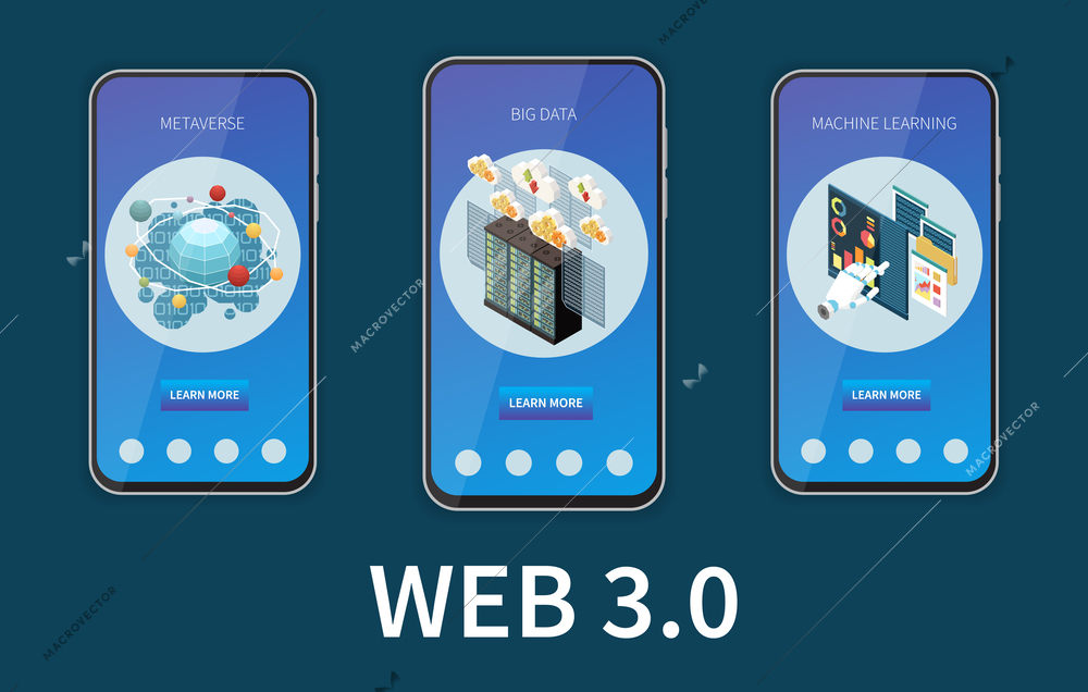Web 3.0 technology isometric set with mobile application templates isolated vector illustration