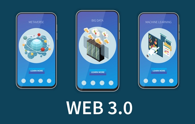 Web 3.0 technology isometric set with mobile application templates isolated vector illustration